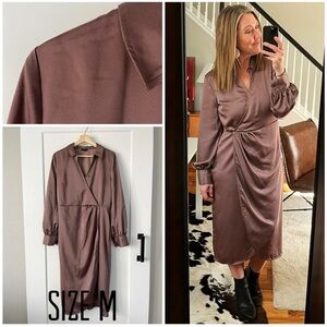 Halogen Brown Long Sleeve Silky Midi Dress size Medium